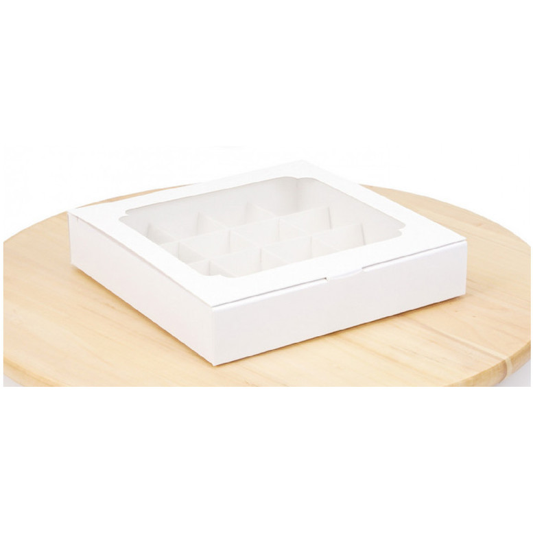 Коробка для 16 цукерок Біла з вікном, 185х185х35мм