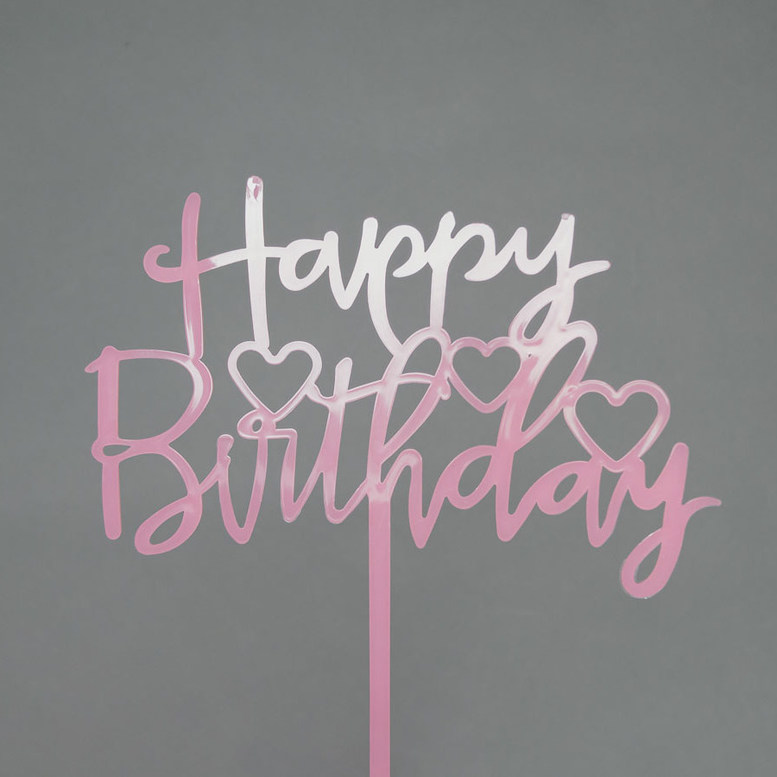 Топпер "Happy birthday" Сердца, Розовый, пластик, 110*160*1,5 мм
