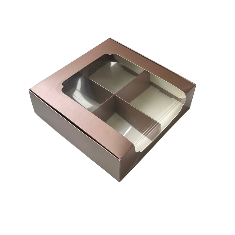 Коробка під зефір та десерта с вікном и роздільниками, Коричневий металік, 200х200х60 мм, лам/к