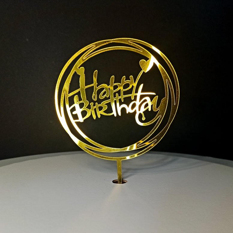 Дзеркальний топер "Happy birthday" коло з серцями, 105*160*1мм, Золото