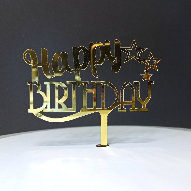 Дзеркальний топер "Happy birthday" друк. шрифт, 125*140*1,5мм, Золото
