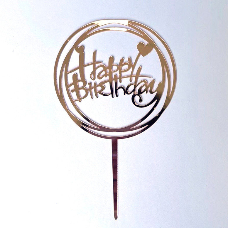Дзеркальний топер "Happy birthday" коло з серцями, 105*160*1мм, Рожевий